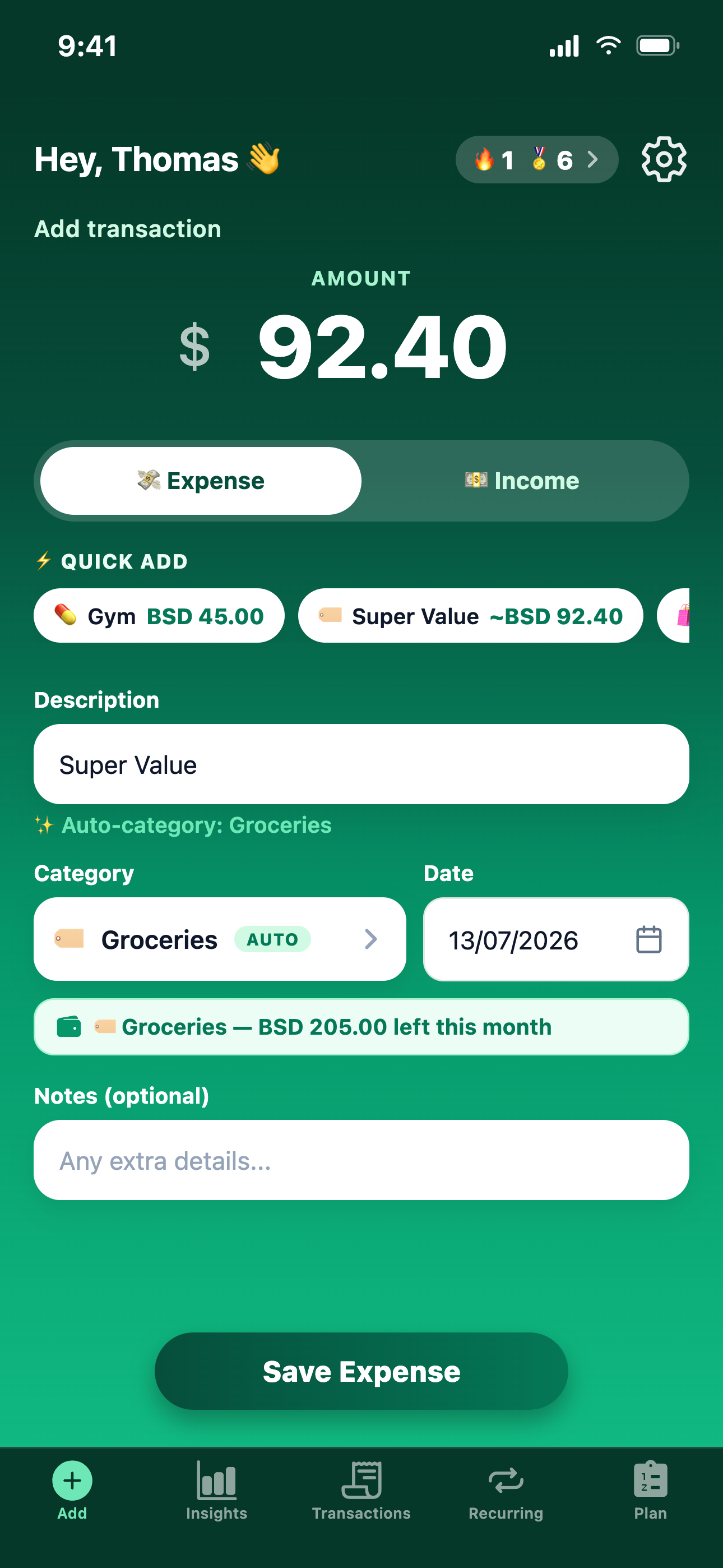 MoneyTree add-transaction screen